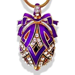 SILVER Purple Guilloché Enamel Faberge Art Deco Egg Pendant Swarovski Garnets